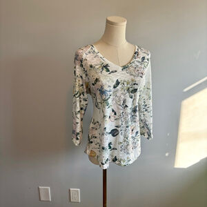 Tribal Women’s V-Neck Raglan 3/4 Sleeve Floral Top Size M White Yellow Pink Blue